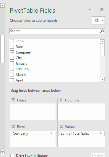 Fields List of a Pivot Table