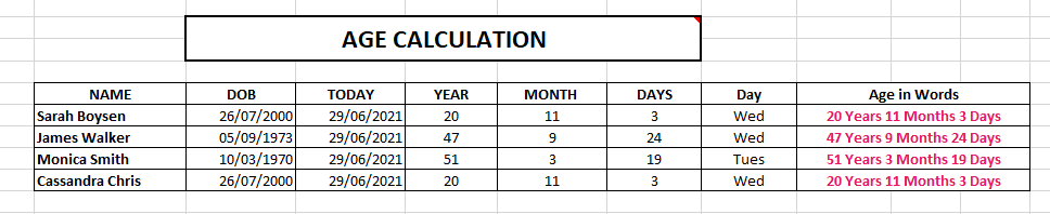 Age Calculation in Excel