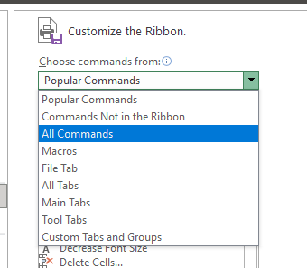 Choose commands from Options