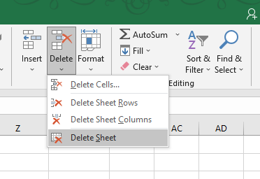 Delete Sheet Options in Home Tab delete a sheet in Excel