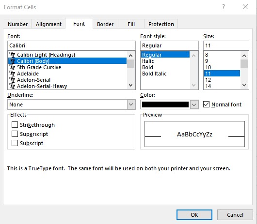 format cells font dialog