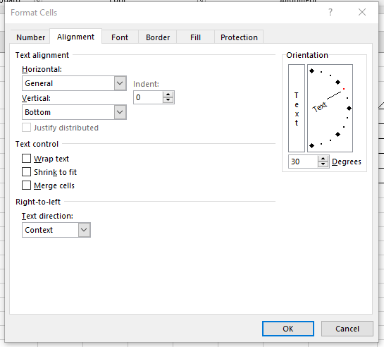 Format Cells Options for Text Rotation