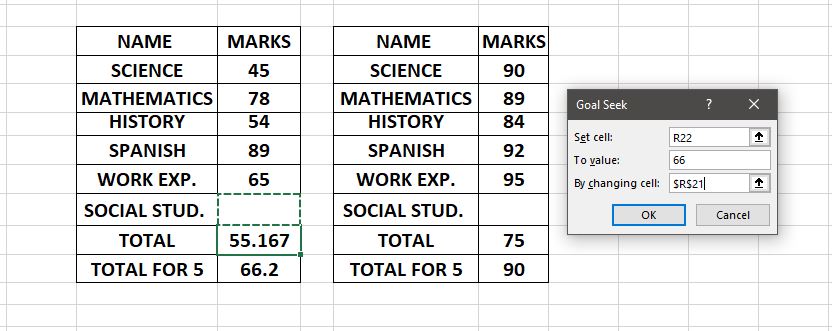 Finding Marks for 6th Subject Goal Seek in Excel