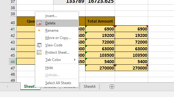 Sheet options at right-click delete a sheet in Excel