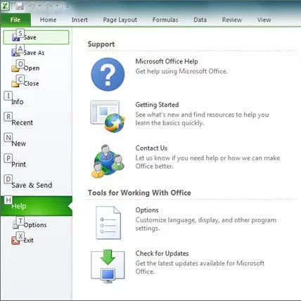 Excel 2010 Update Options
