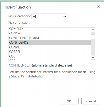 Selecting the Confidence Function in Excel