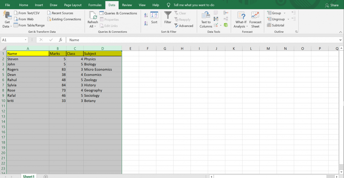 Selecting Data/Column to sort in Excel