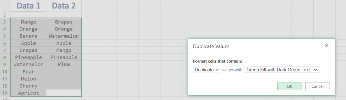 Highlighting duplicate cells with green text in Excel