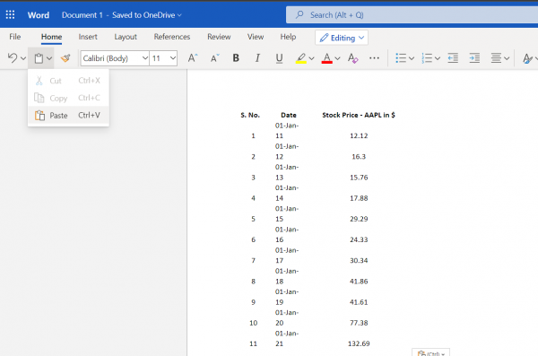 Pasting data to Word 