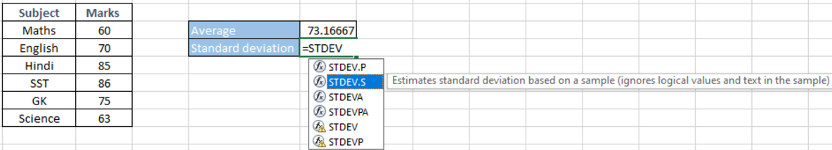 Selecting the Standard Deviation formula