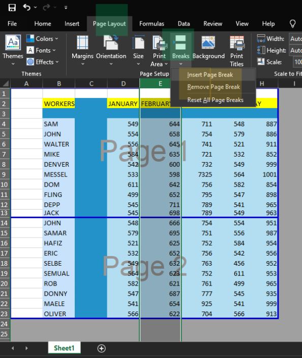  Inserting Vertical Page Break in Excel