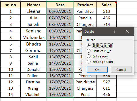 Deleting column by right-clicking