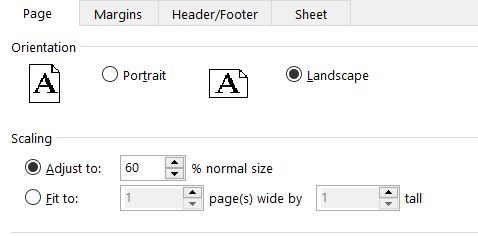 Excel Print Sheet scaling and orientation