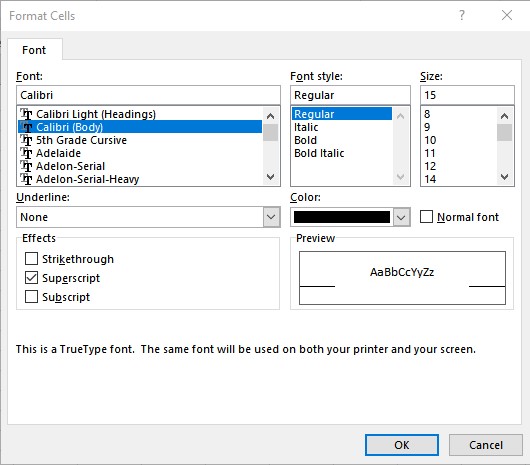 Superscript in Excel