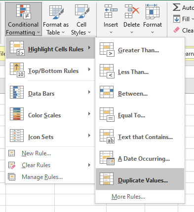 Highlighting Cell Rules Duplicate Values 