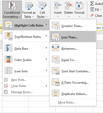 Highlight Cell Rules Less Than