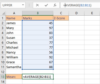 calculate Z-Score in Excel