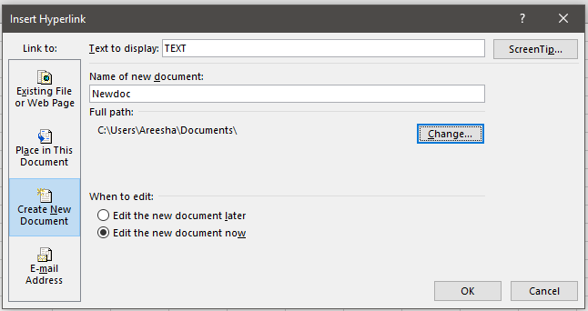 Hyperlinking to a New Excel Document