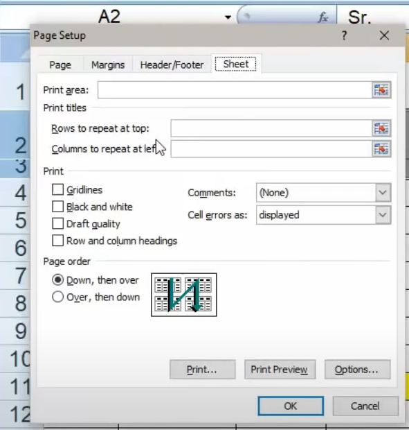 Page Order and Size in Excel