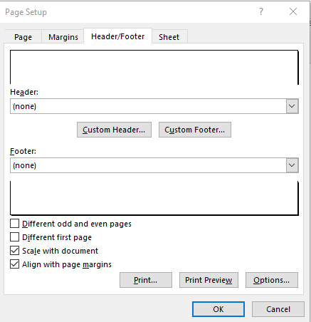 Removing Header/Footer from Page Setup Options Headers and Footers in Excel