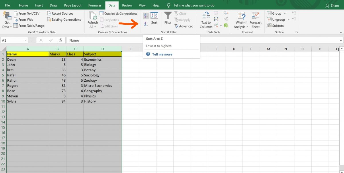 Sort in Excel with respect to Alphabetical Order