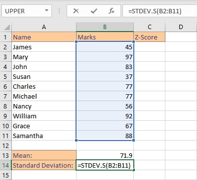 calculate Z-Score in Excel