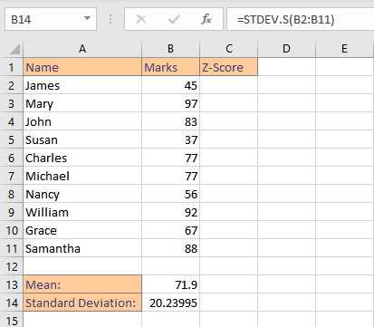 calculate Z-Score in Excel