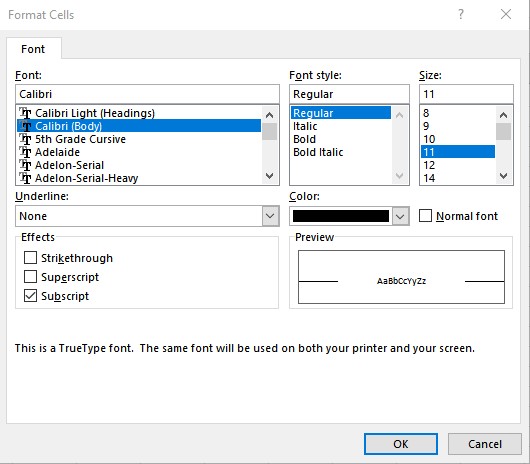 Subscript in Excel