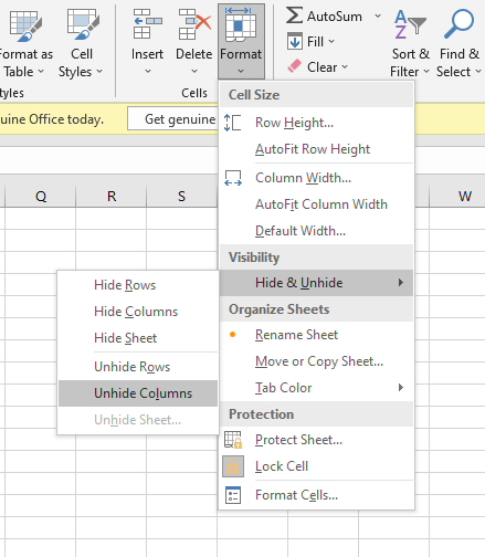 Unhide Columns in Format Options