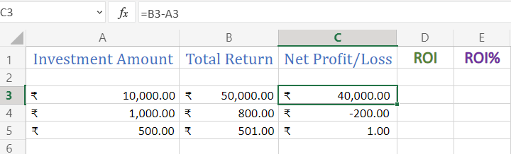 Calculating net profit or loss in Excel