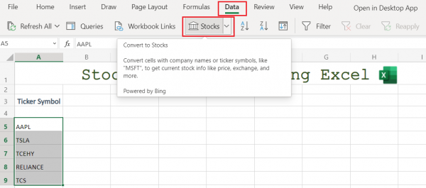 Converting Ticker Symbols to Stocks in Excel