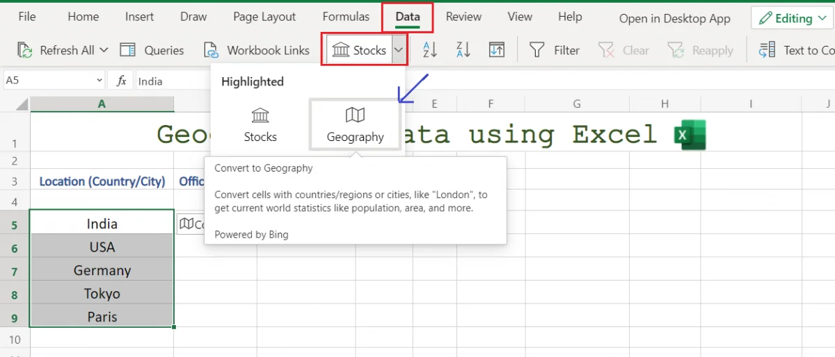 Converting location names to Geography in Excel