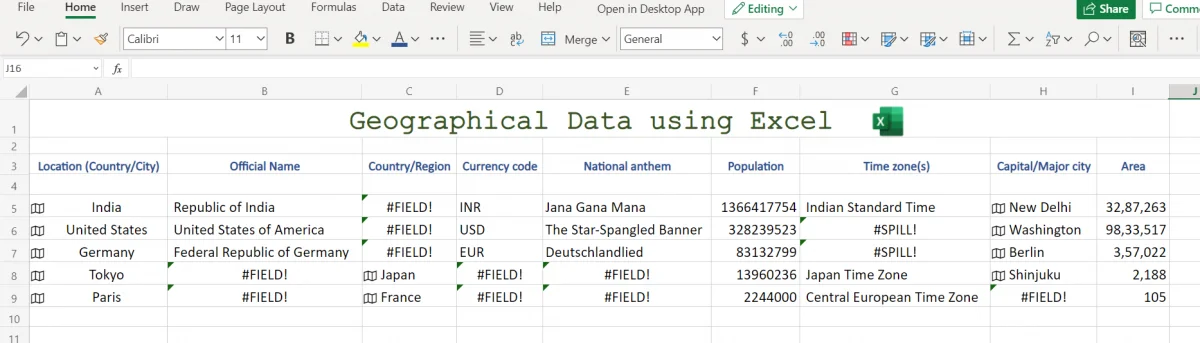 Geography Data in Excel