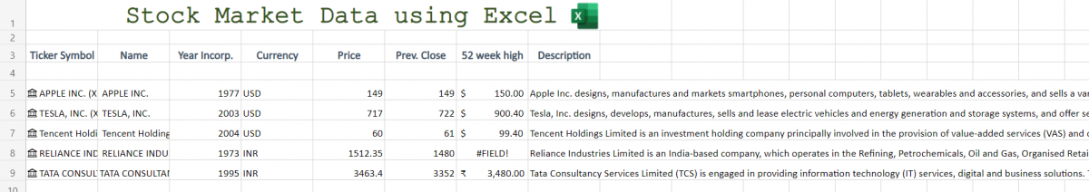 Stock Market Data in Excel