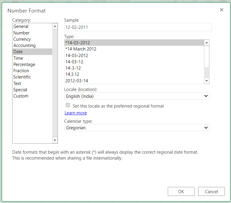 Format Date option menu in Excel