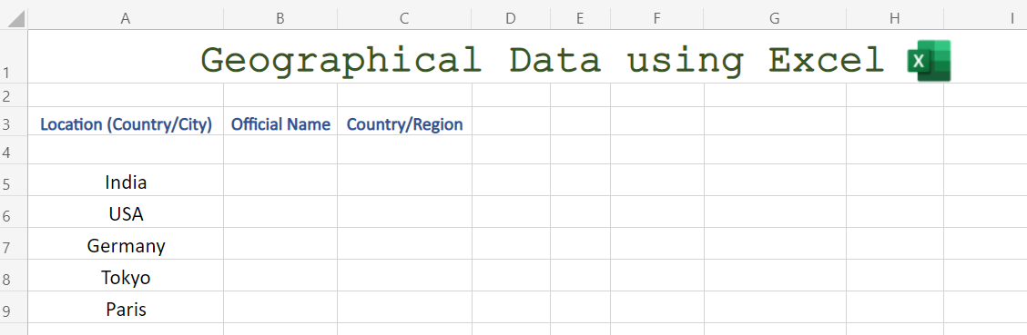 Geography Data in Excel - Sample data