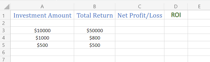 Sample Data to calculate ROI in Excel