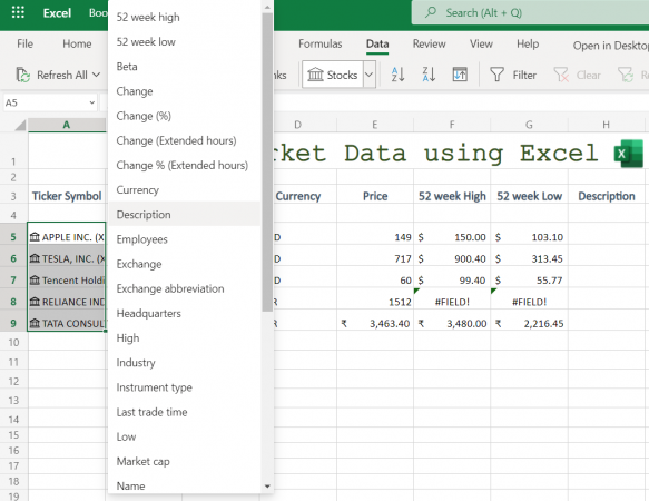 Selecting Stock Market Data Parameter in Excel