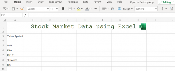 Stock Market Data in Excel - Sample data