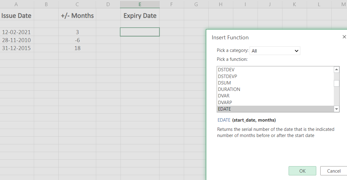 Using EDATE function in Excel