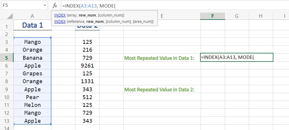 Using Mode Function in Excel