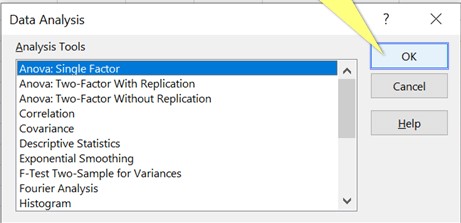 Selecting Anova Single Factor in Excel