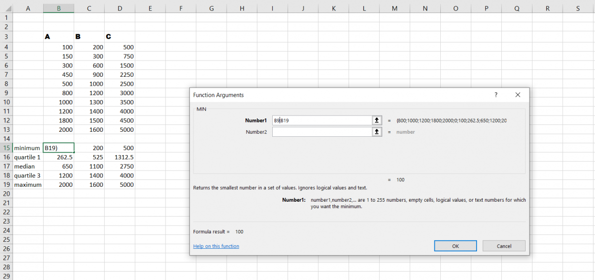 Calculate minimum, median, maximum in Excel.