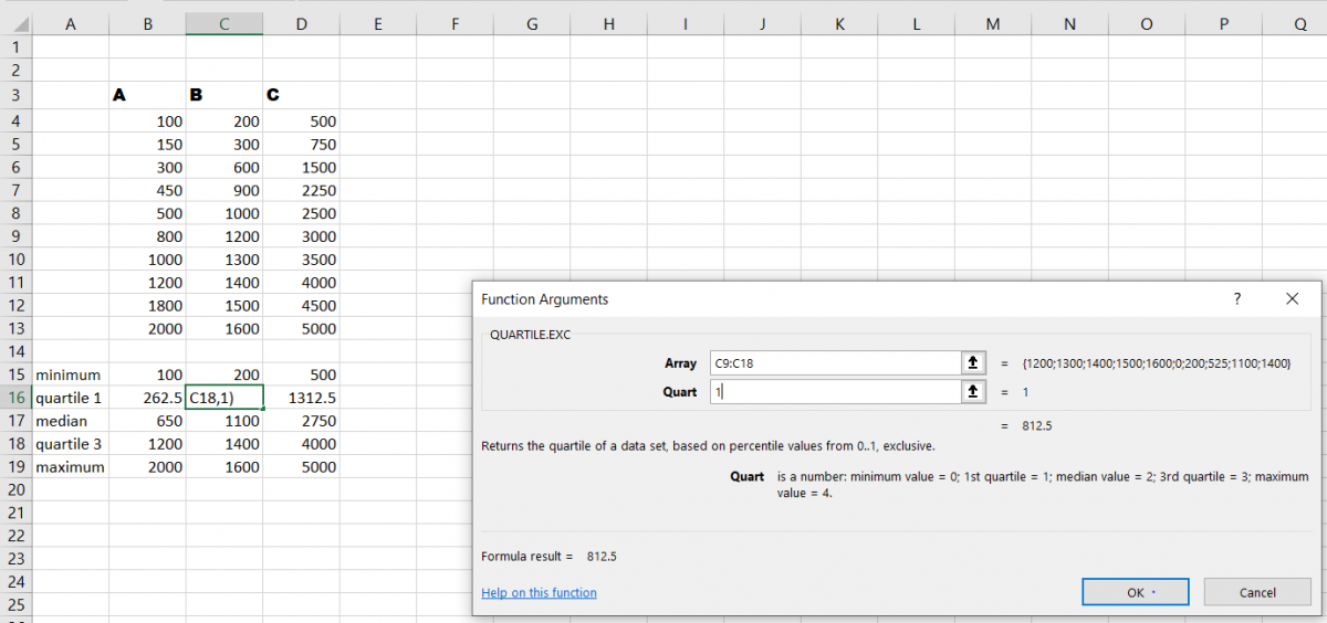Calculate Quartile using Quartile function in Excel