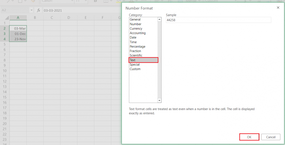 Choose Text formatting option in Excel