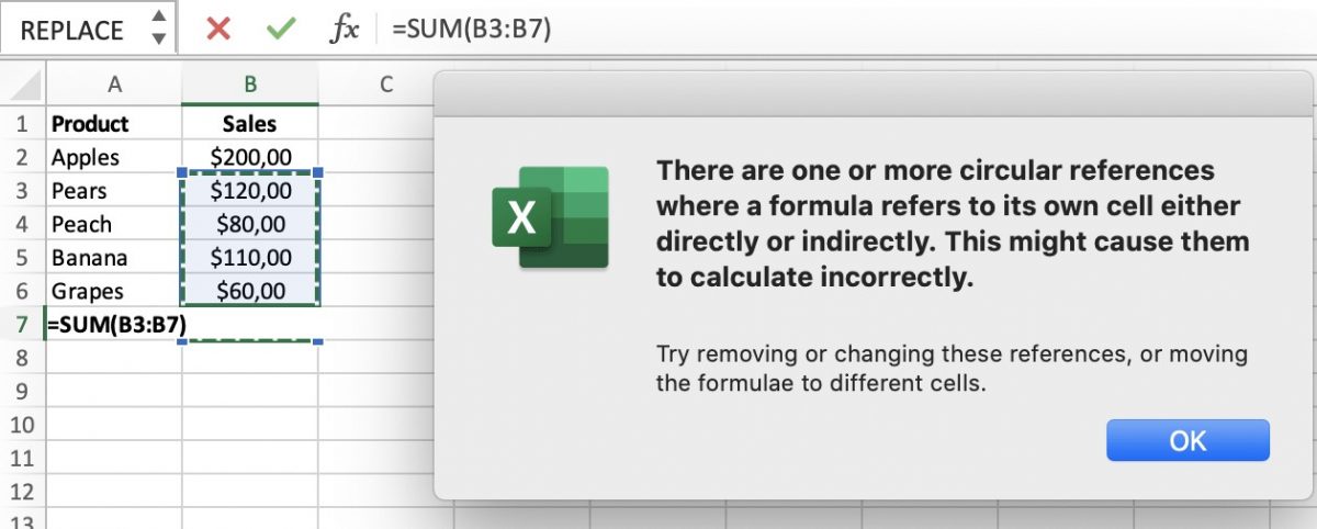 Circular Reference Error Notification in Excel