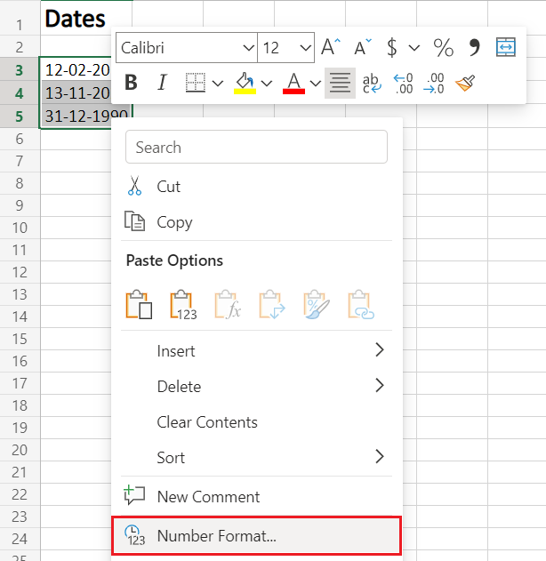 Right Click and select Number Format in Excel