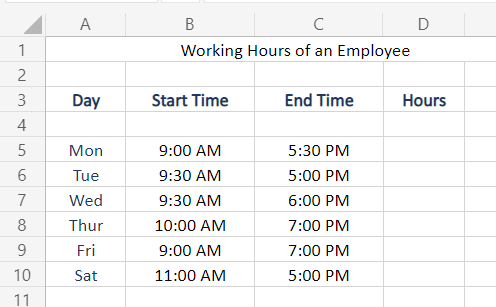 Sample Data to calculate Time Difference in Excel