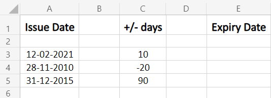 Sample date input to add or subtract in Excel