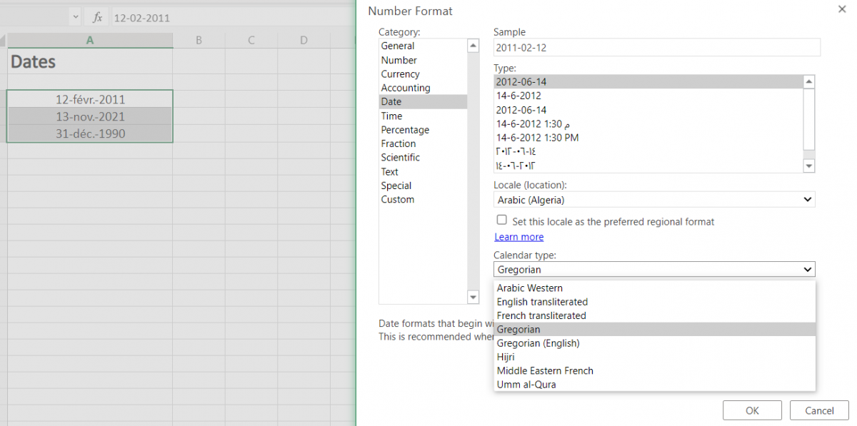 Selecting Calendar type in Date Formatting in Excel
